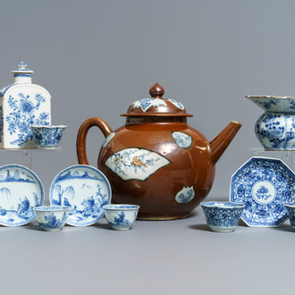 A large Chinese 'capucin' teapot, a blue and white spittoon and various tea wares, Kangxi/Qianlong