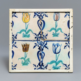 Four polychrome Dutch Delft 'tulip' tiles, 1st half 17th C.