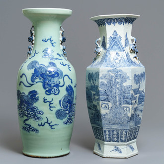 Deux vases en porcelaine de Chine bleu et blanc et céladon, 19ème