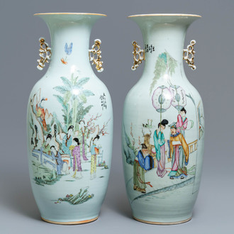 Two Chinese famille rose vases with figures in a garden, 19/20th C.