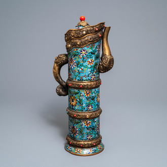 A large Chinese cloisonné and inlaid gilt bronze 'Duomuhu' ewer, Republic, 20th C.