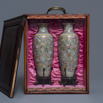 A pair of Chinese famille rose 'millefleurs' eggshell vases, Qianlong mark, Republic, 20th C.