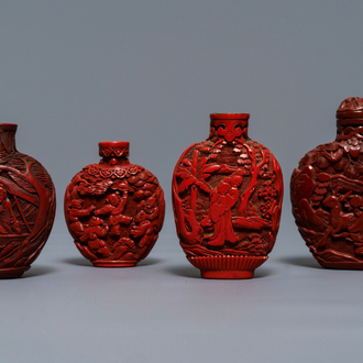 Four Chinese cinnabar lacquer snuff bottles, 19/20th C.