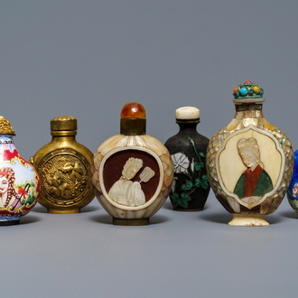 Six Chinese Canton and Beijing enamel, mother of pearl and gilt brass snuff bottles, 18/19th C.
