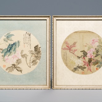 Chinese school, 18/19th C., watercolour and ink on silk: two floral fan leaves