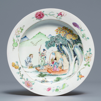 A fine Chinese famille rose 'ruby back' plate with figures and boats, Yongzheng