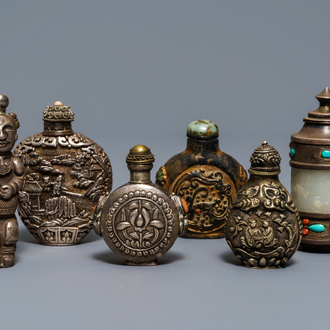 Six Chinese coral and turquoise-inlaid silver and jade snuff bottles, 19/20th C.