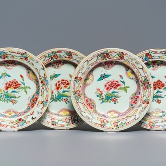 Four Chinese famille rose 'peonies and cranes' plates, Qianlong