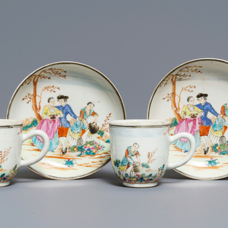 A pair of fine Chinese famille rose 'European subject' cups and saucers, Qianlong