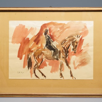 Sadji (Sha Qi, Sha Yinnian) (1914-2005): Chevalier sur cheval, aquarelle et encre sur papier, signé en bas à gauche