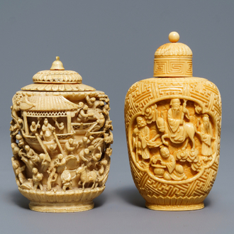 Two Chinese carved ivory snuff bottles, 19th C.