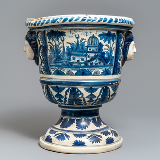 A large blue and white French faience garden urn, Nevers, 18th C.