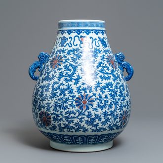 A Chinese blue, white and copper red 'hu' vase, Qianlong mark, 19/20th C.