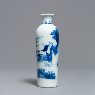 A Chinese blue and white rouleau vase with a figure in a landscape, Transitional period