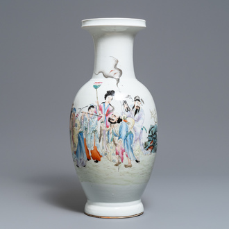 A Chinese famille rose 'immortals' baluster vase, Qianlong mark, 19/20th C.