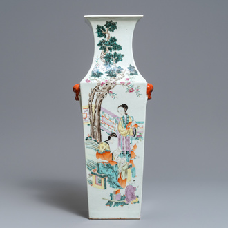 A square Chinese qianjiang cai vase with court ladies and playing children, 19/20th C.