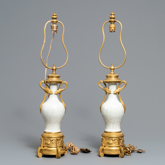 A pair of Chinese gilt bronze-mounted crackle-glazed vases, 18th C.