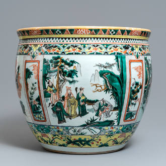 A Chinese famille verte 'immortals' fish bowl, 19th C.