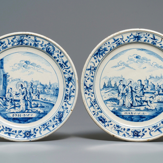A pair of blue and white Dutch Frisian Delftware biblical plates, Makkum, 18th C.