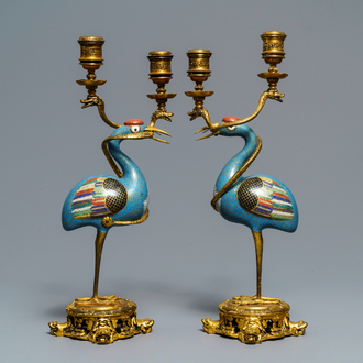 A pair of Chinese cloisonné gilt bronze candelabra mounted cranes, 18/19th C.