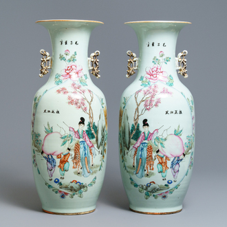 A pair of Chinese famille rose 'Magu' vases, 19/20th C.