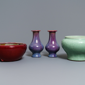 A pair of Chinese flambé-glazed vases, a celadon jardinière and a sang-de-boeuf censer, 19/20th C.