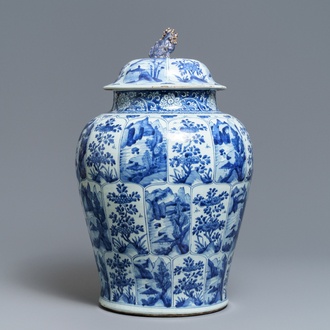 A large Chinese blue and white 'landscape' vase and cover, Kangxi