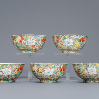 Five Chinese famille rose 'millefleurs' bowls, Qianlong mark, Republic, 20th C.
