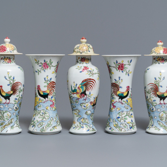 A famille rose-style five-piece garniture with roosters and chickens, Samson, Paris, 19th C.
