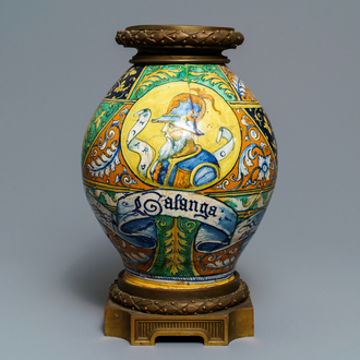 A bronze-mounted Italian maiolica pharmacy jar with a fine portrait, Faenza, 16th C.