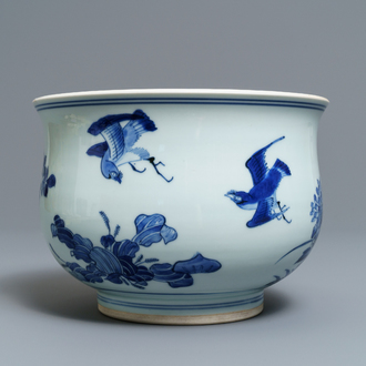 A large Chinese blue and white censer with birds among blossoms, Transitional period