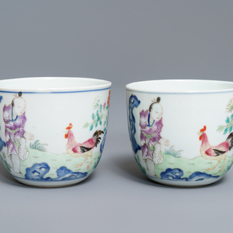 A pair of Chinese famille rose 'chicken' cups, Qianlong mark, late Qing or Republic