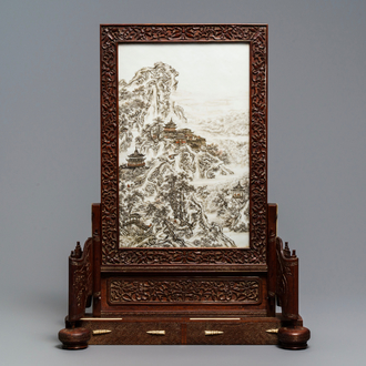 A fine Chinese grisaille 'winter landscape' plaque in a wooden table screen, Republic, 20th C.