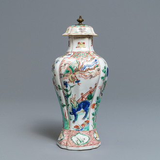 A Chinese famille verte vase and cover with mythical beasts, Kangxi