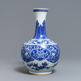 A Chinese blue and white bottle vase with dancers on a floral ground, 19th C.