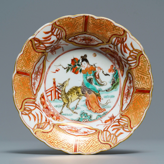 A Chinese famille verte kraak-style 'Magu and deer' klapmuts bowl, Kangxi