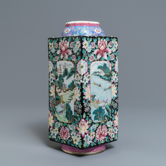 A Chinese famille rose millefleurs 'cong' vase, Qianlong mark, Republic, 20th C.