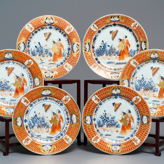 Six assiettes en porcelaine de Chine de style Imari à décor 'Dames au Parasol', Qianlong, ca. 1736-1738