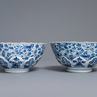A pair of Chinese blue and white floral bowls, Chenghua mark, Kangxi
