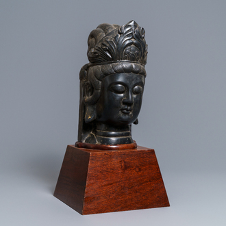 A Chinese carved stone head of Guanyin, prob. Ming