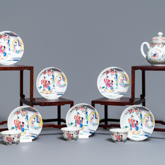 Een Chinese famille rose theepot, zes schotels en drie koppen, Yongzheng/Qianlong
