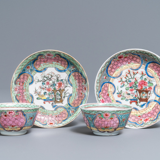 A pair of Chinese famille rose cups and saucers, Yongzheng