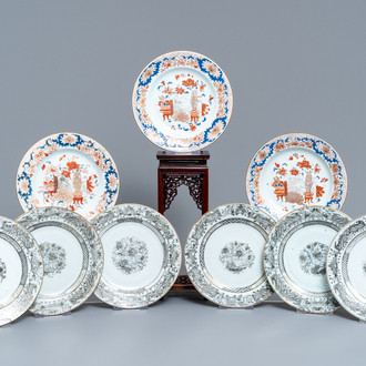 Nine Chinese grisaille and Imari-style plates, Yongzheng/Qianlong