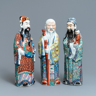 Three Chinese famille rose figures of the three star gods, 19/20th C.