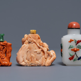 Two Chinese coral snuff bottles and one coral-embellished glass bottle, 19/20th C.