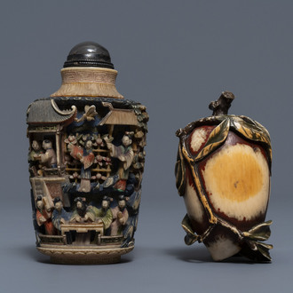 Two Chinese polychrome ivory snuff bottles, 19th C.