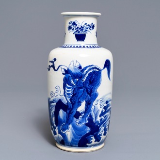 A Chinese blue and white rouleau vase with qilins, Kangxi