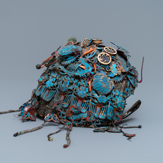 A Chinese ceremonial 'fengguang' coral- and silver-embellished kingfisher feather headdress, 19th C.