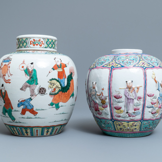 A Chinese famille rose relief-decorated jar and a famille verte jar with cover, 19th C.