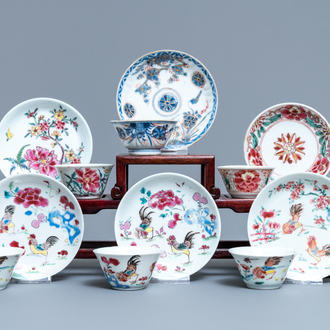 Six Chinese famille rose and Imari-style cups and saucers, Yongzheng/Qianlong
